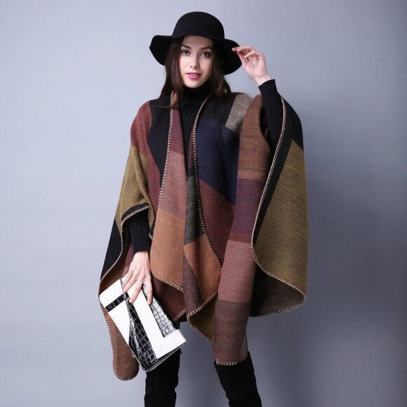 2/$30 NEW Boho Colorblock Earth Tones Ruana Oversized Open Wrap Poncho Blanket - Picture 6 of 11